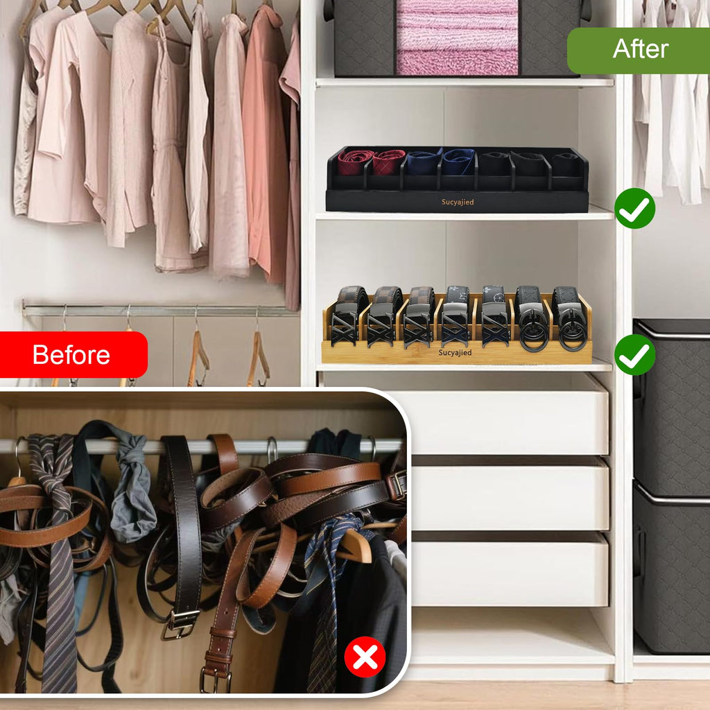 Belt Organizer, 7 Compartments Belt Organizer for Closet and Drawer, Bamboo Tie and Belt Storage Case, Belt Holder