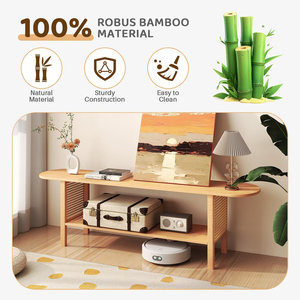 Bamboo TV Stand with Storage for TVs up to 65", Modern Entertainment Center with Rattan Side, Accent TV Table with 2