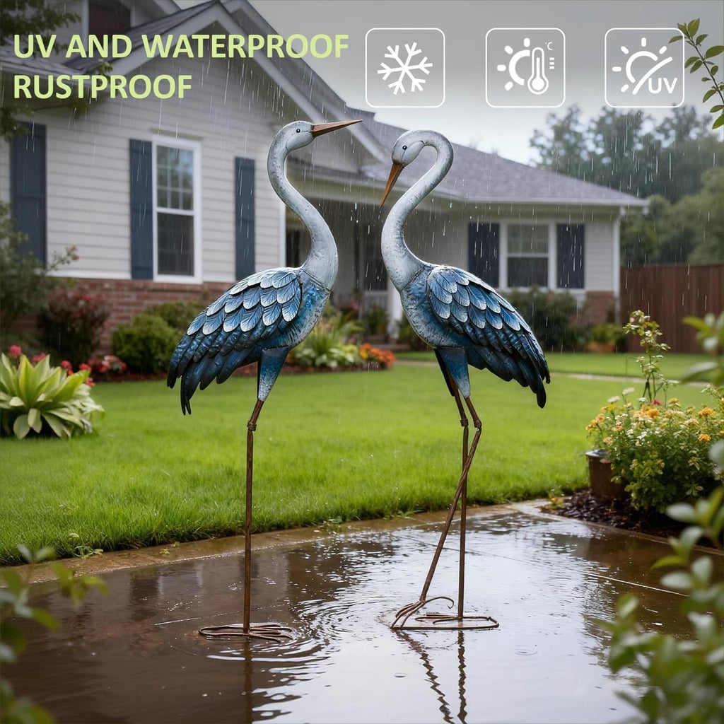 Blue Metal Heron Statues,Outdoor Garden Crane Sculptures 47-48 Inch | Waterproof and Rust-proof Bird Yard Art, For