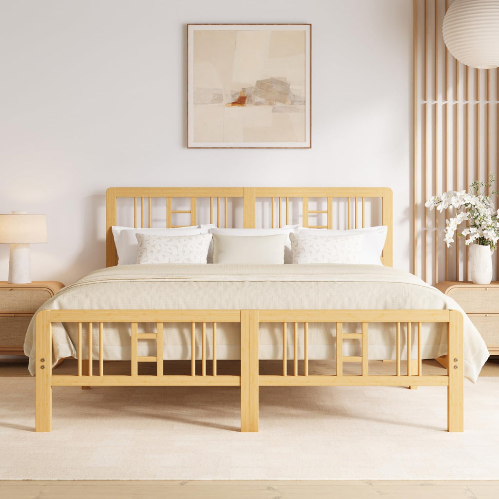 10 in High Bamboo Wood King Size Bed Frame with Headboard & Footboard, Platform Bed Frame King with Steel Slats