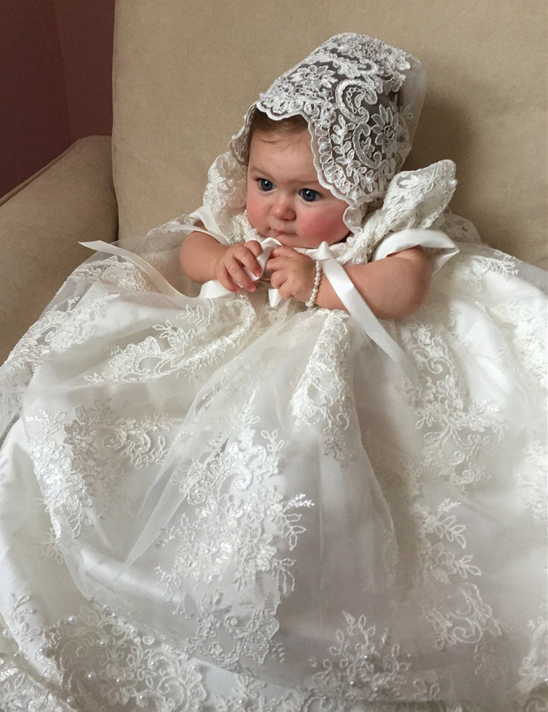 Ivory Baptism Dress Beading Lace Long Christening Gowns for Girls with Bonnet Newborn