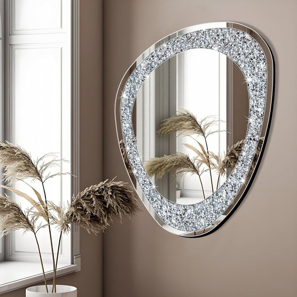 Modern Irregular Shaped Wall Mirror - 32x23.5 Inch Decorative Oval Diamond Decor Mirror