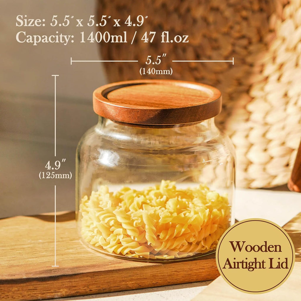Glass Storage Container Airtight Food Jars Kitchen Canister with Wood Lids, 47 Oz Wide Mouth Pantry Organization