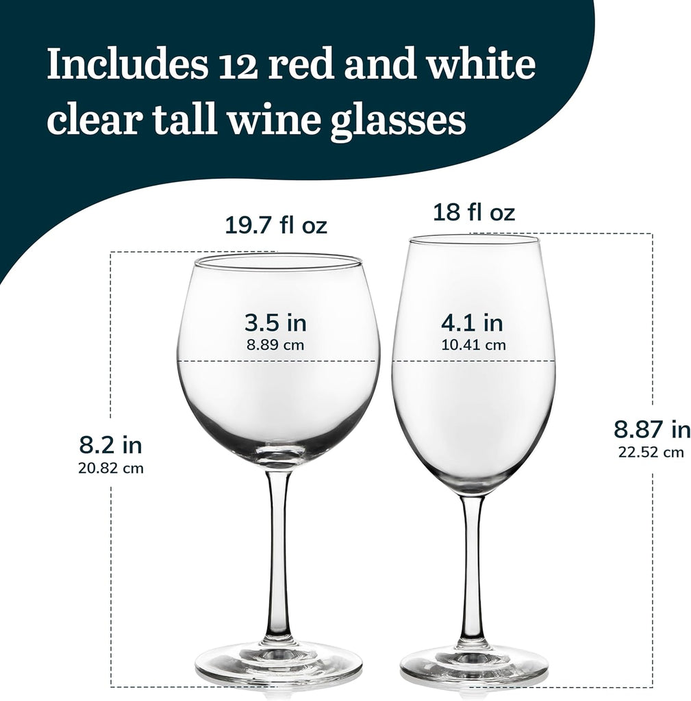 Vineyard Reserve Wine Glass Set of 12, Red and White Clear Wine Glasses, Merlot, Bordeaux, Chardonnay Gifts