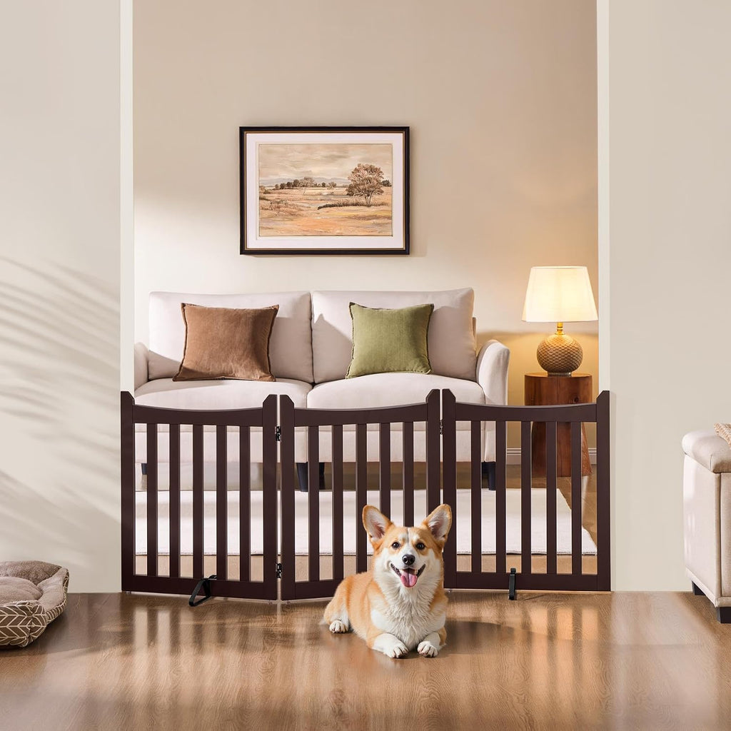 Freestanding Wooden Dog Gate, 3-Panel 24in H Pet Barrier Espresso