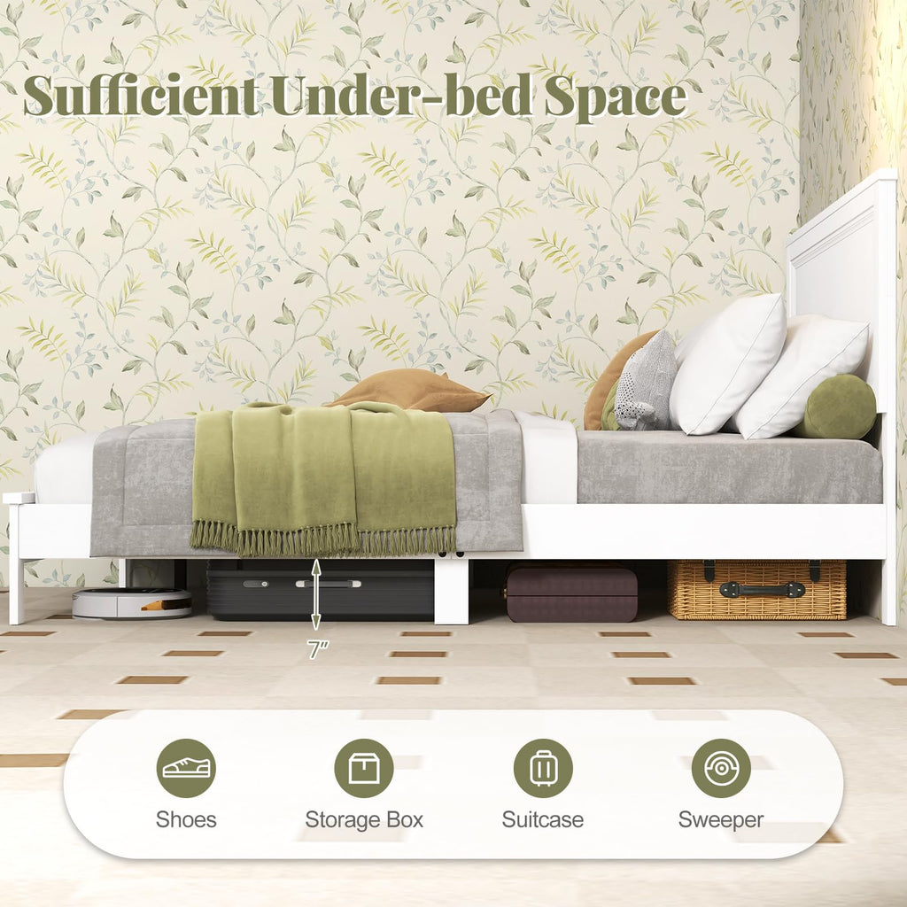 Wood Queen Platform Bed Frame with Headboard, Mid Century Bed Frame with Solid Wood Legs & Wooden Slat Support, No