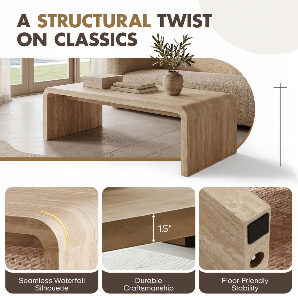 47" Travertine Look Coffee Table, Thick Waterfall Edge Wood