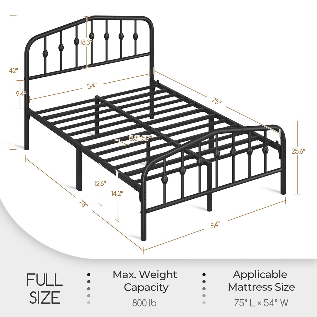 Metal Bed Frame with Victorian Vintage Headboard, Black