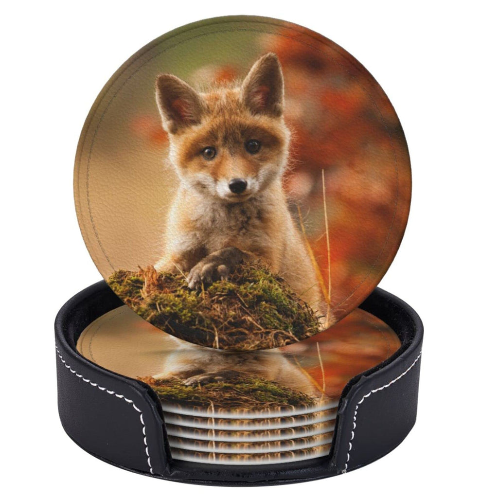6 Pcs Fox Leather Coasters for Drinks with Holder Coaster Sets Drink Table Cup Coasters Kitchen Coffee Decor