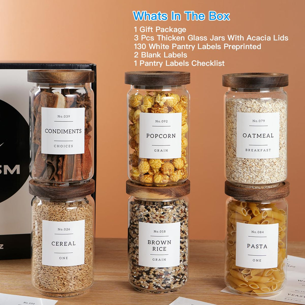 6 Set Glass Pantry Storage Jars with Acacia Airtight Lid - 23oz Thicken Glass Kitchen Canisters with 132 Pantry
