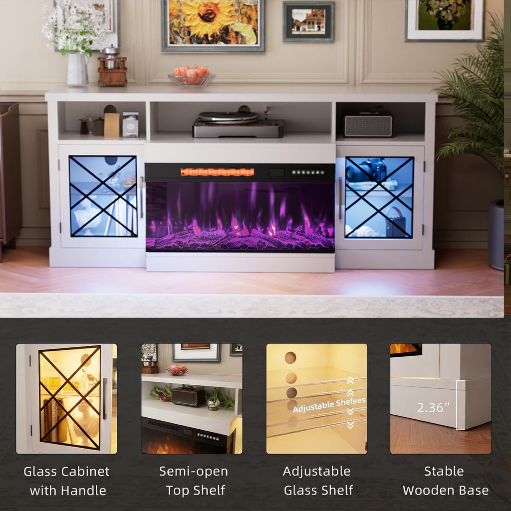 65" Fireplace TV Stand, 3 Sided Glass Fireplace Entertainment Center for TVs up to 75" with Storage Cabinet, Glass