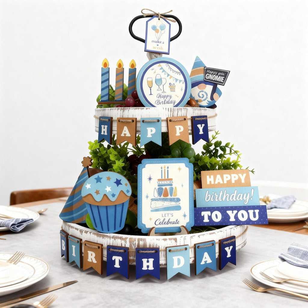 Wooden Tiered Tray Decor Set, Farmhouse Birthday Decor with Happy Birthday Sign, Rustic 2 Tier Tray Stand - Set of 24