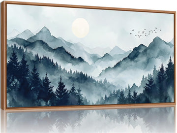 Large Foggy Mountain Framed Canvas Wall Art, Misty Forest Scenery Wall Decor, Minimalist Watercolor Landscape