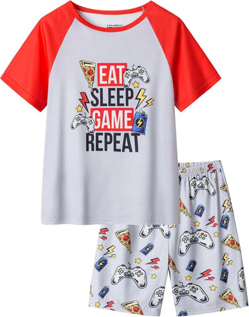 Pajamas for Boys Cute Black Gamer Short Sleeve and Shorts Sleepwear 2PCS Big Kids PJS Nighty Clothes