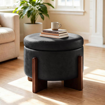 Round Ottoman with Storage, Faux Leather Foot Stool