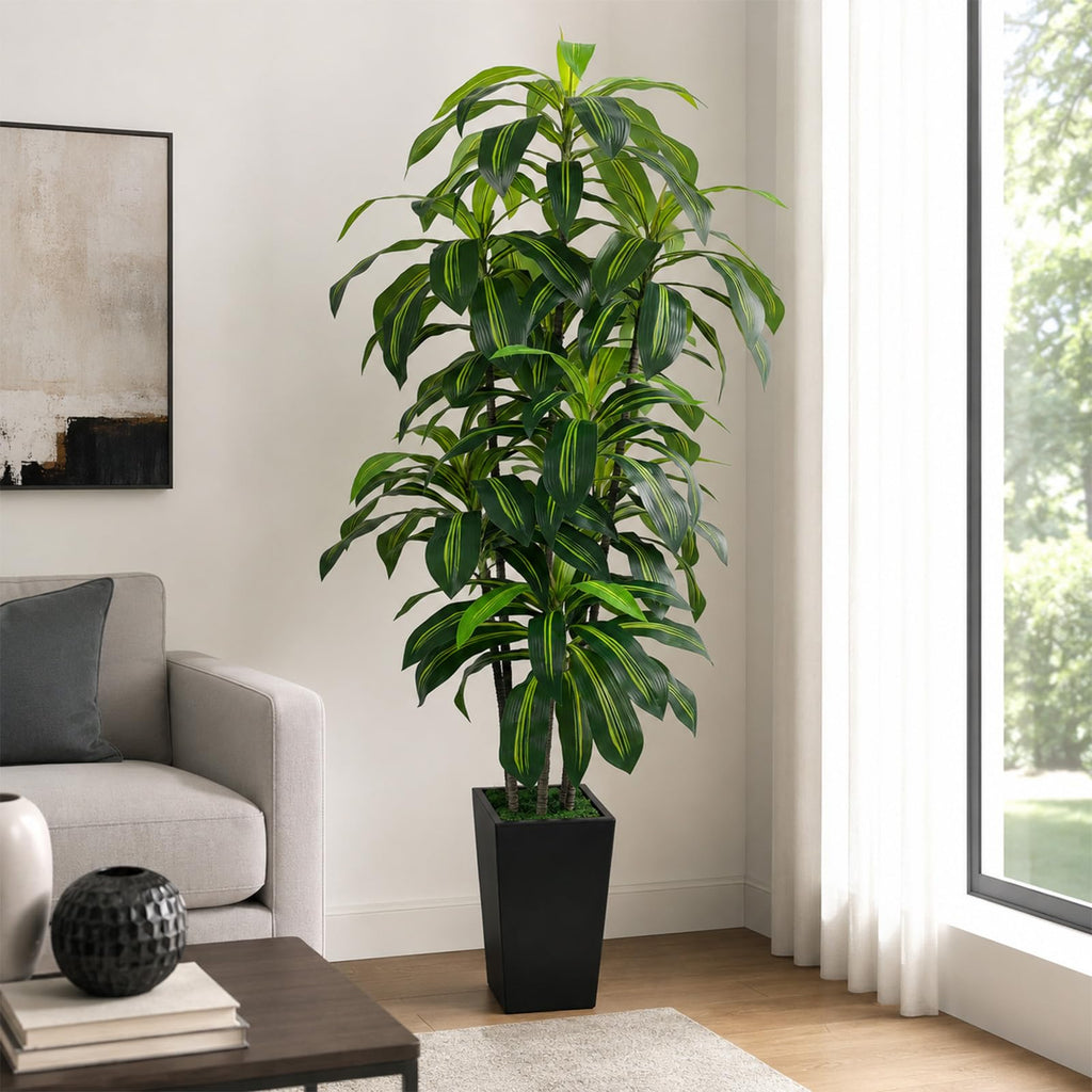 7FT Artificial Dracaena Tree, Fake Tree Indoor with Black Tall Planter, Tall Artificial Plants Indoor, Artificial Silk