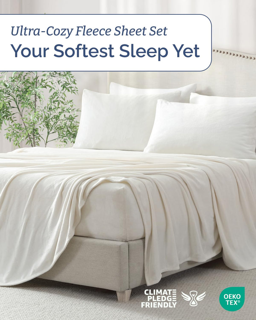 Fleece Sheets Queen Size Set - 4-Piece Velvet Flannel Sheet Set - Ivory
