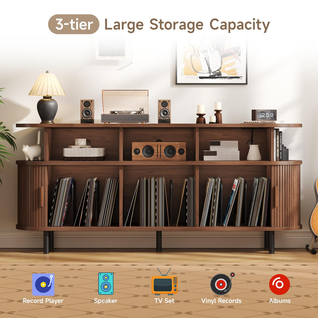 69" Large Round Record Player Stand with Charging Station, Walnut