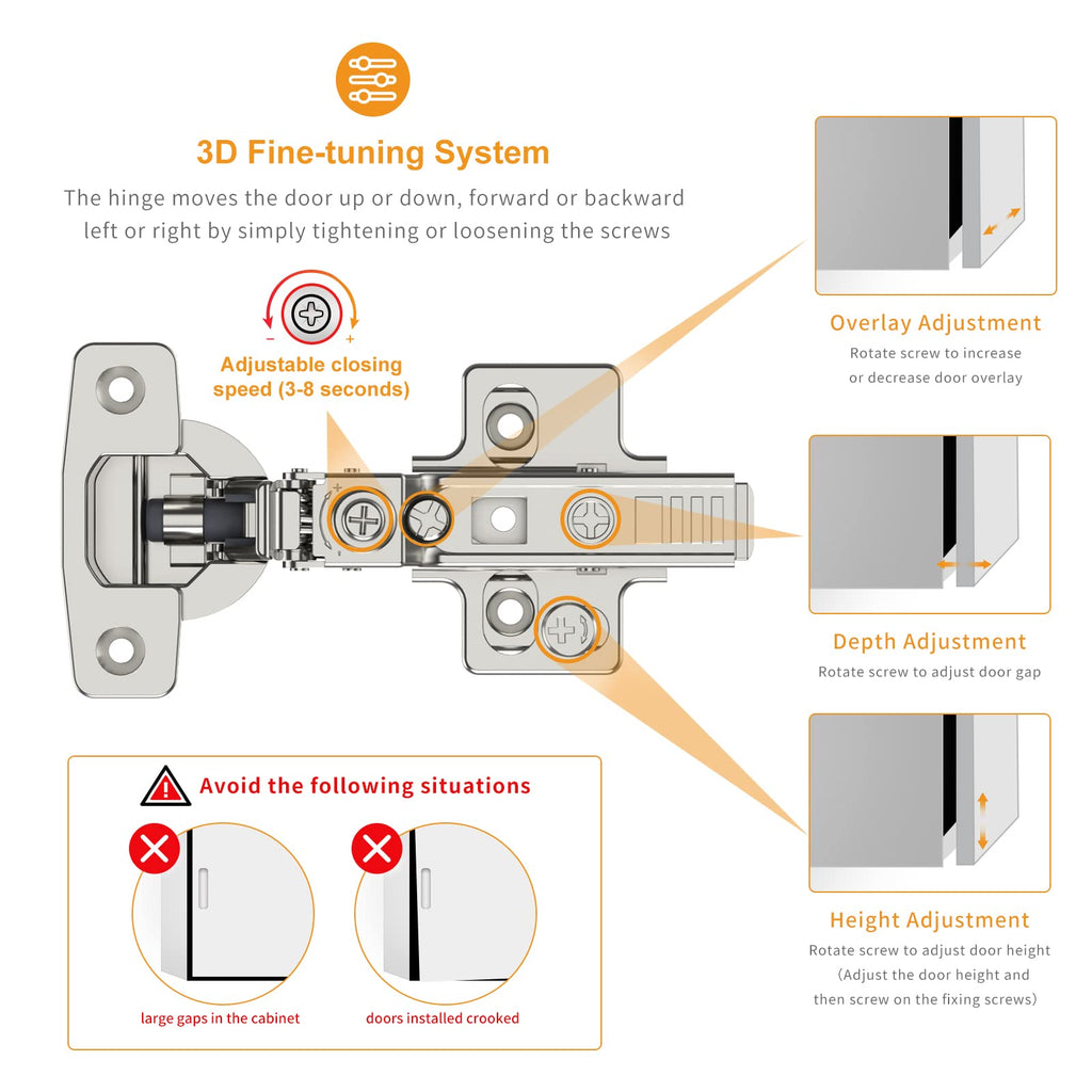 10 Pack Frameless Half Overlay Soft Close Concealed European Hinges, Self Closing Satin Nickel, 105 ° Open Angle 4D