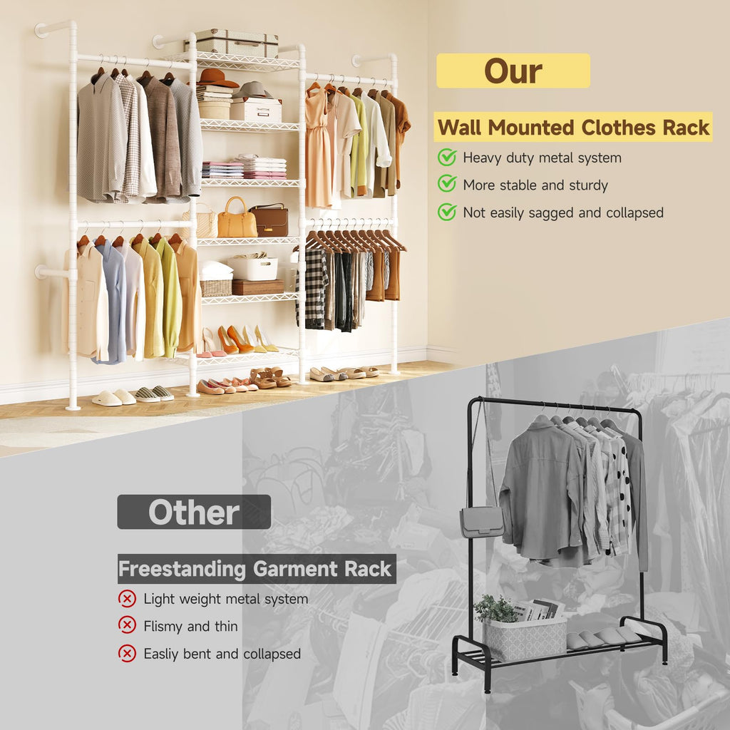 H3 Wall Mounted Closet System, Industrial Pipe Clothing Rack, White