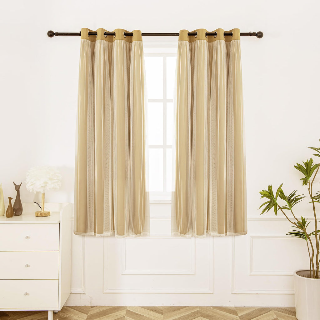 Blackout Curtains with Sheer Overlay, Gold, 52x84 Inches