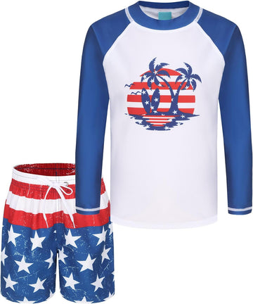 Boys Two Piece Rash Guard Swimsuits Set with Swim Trunk Kids Long Sleeve Bathing Suit Swimwear Set