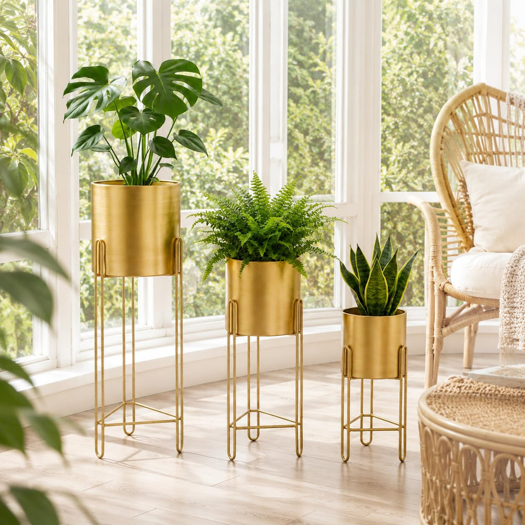 Set of 3 Large Planters with Stand Gold Planter for Indoor Plants 29 &22 &12" Tall Morden Metal Plant Pots Corner