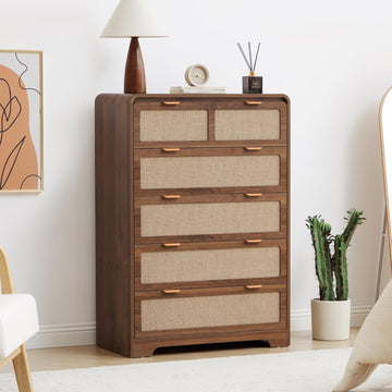 43" Tall 5 Drawer Dresser, Modern Wood Dresser, Walnut