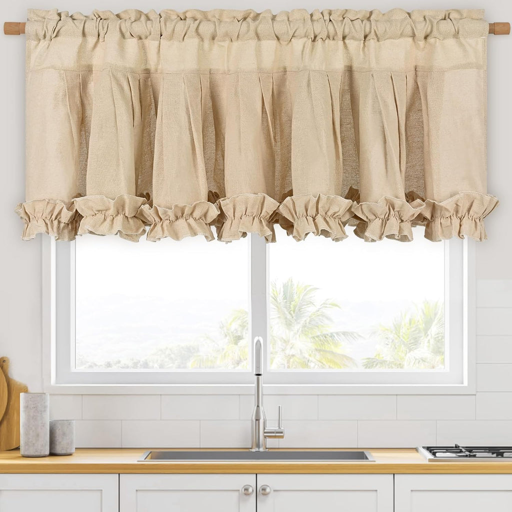 Linen Valances for Windows Farmhouse Window Valances with Ruffle Rustic Country Light Filtering Kitchen Valance