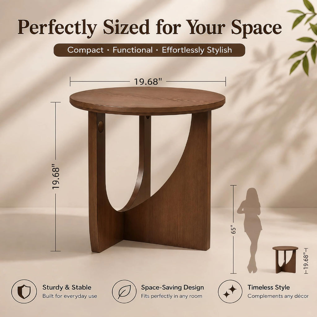 100% Solid Wood Round Side Table, 19.7'' Walnut Brown Small End Table, Sofa Side Table with Sculptural Curved Base
