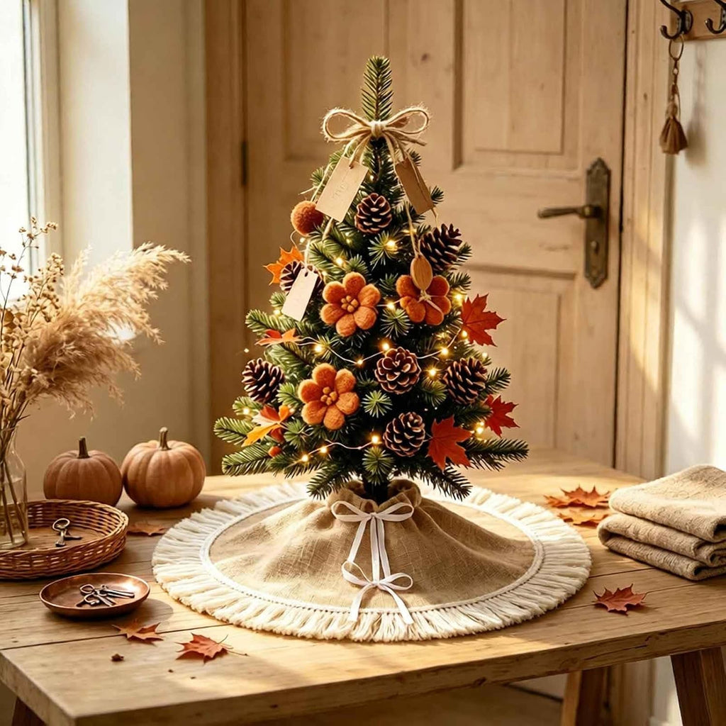 24" Burlap Tree Skirts with Tassel, Fall Tree Skirt for 2-3 Ft Tabletop