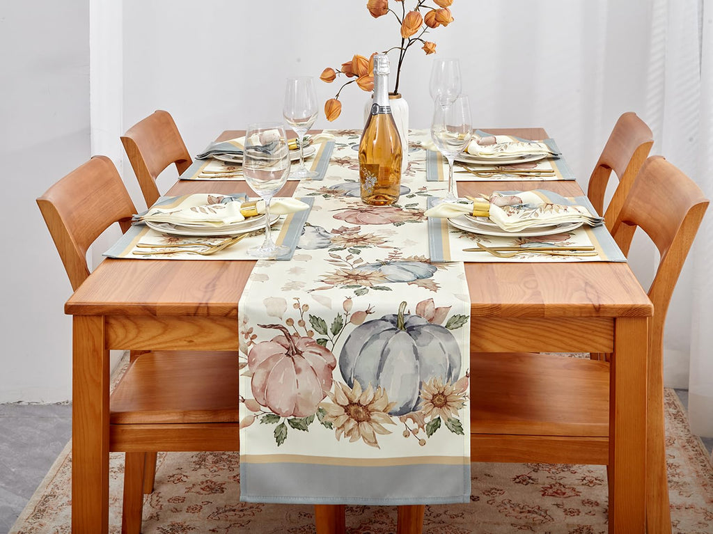 Blue Pumpkin Bordered Thanksgiving Tabletop, Stonewashed Fall Pumpkin and Sunflower Cottage Print Easy Care Fabric