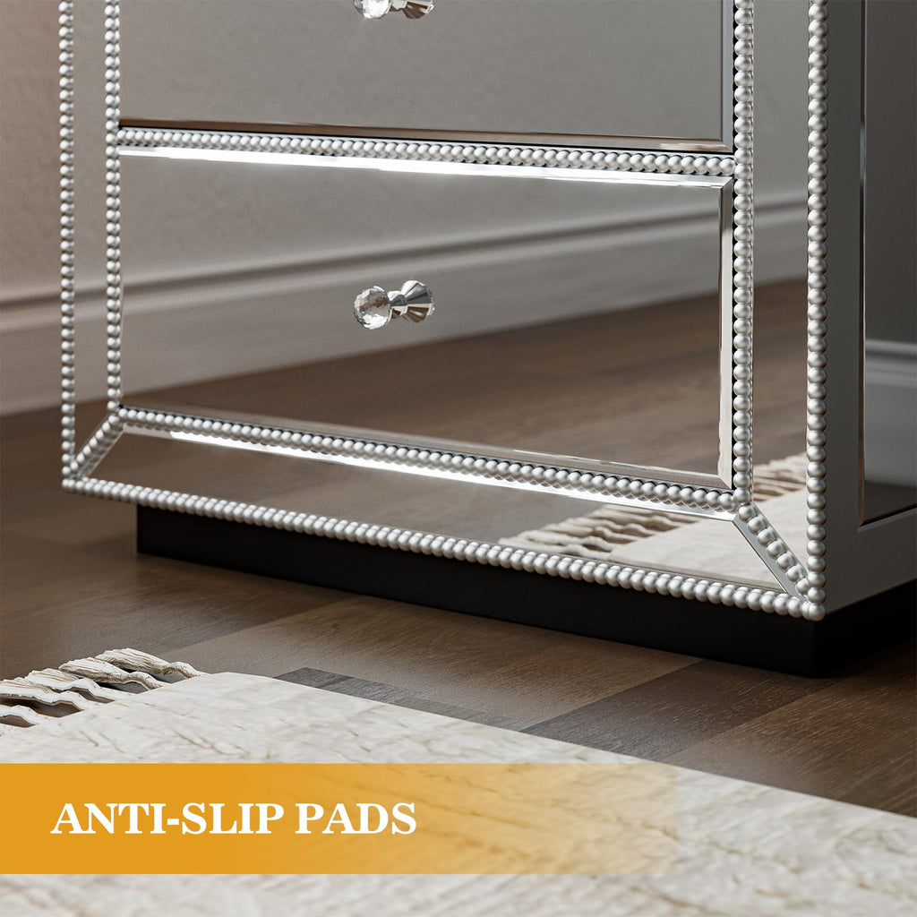 Mirrored Nightstand Bedside Table with 3 Drawers, Silver Modern End Table with Crystal Handle, Mirrored Side Table