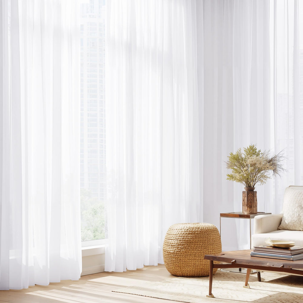 White Sheer Curtains 120 inches Long 4 Panels, 42 inch Wide Rod Pocket Light Filtering Drapes Translucent Modern