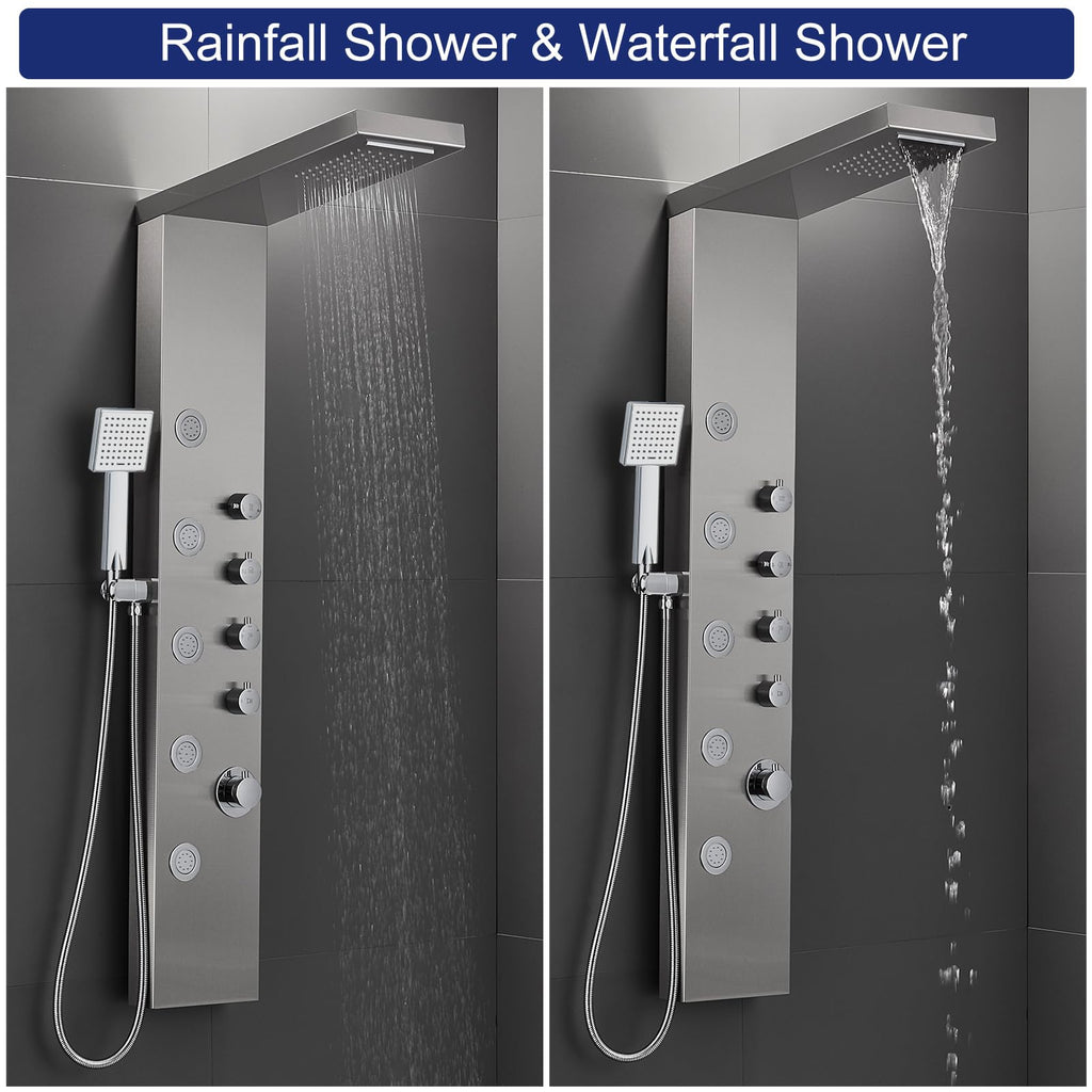 4-in-1 Rainfall Waterfall Shower Panel Tower System, Brushed Finish