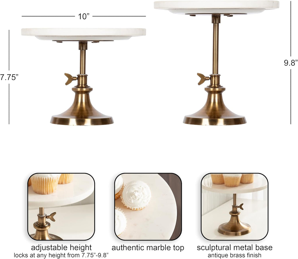 Engles Modern Adjustable-Height Round Marble Cake Stand, 10 Inch Diameter, White and Antique Brass, Marble Pedestal