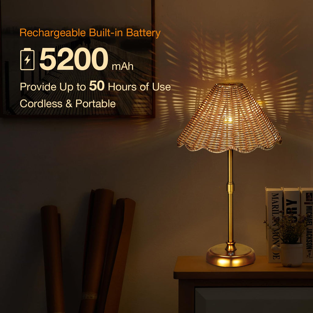 Cordless Boho Rattan Table lamp, 5200-mAh Rechargeable Battery, 3-level Brightness Dimmable, Build-in Integrated LED