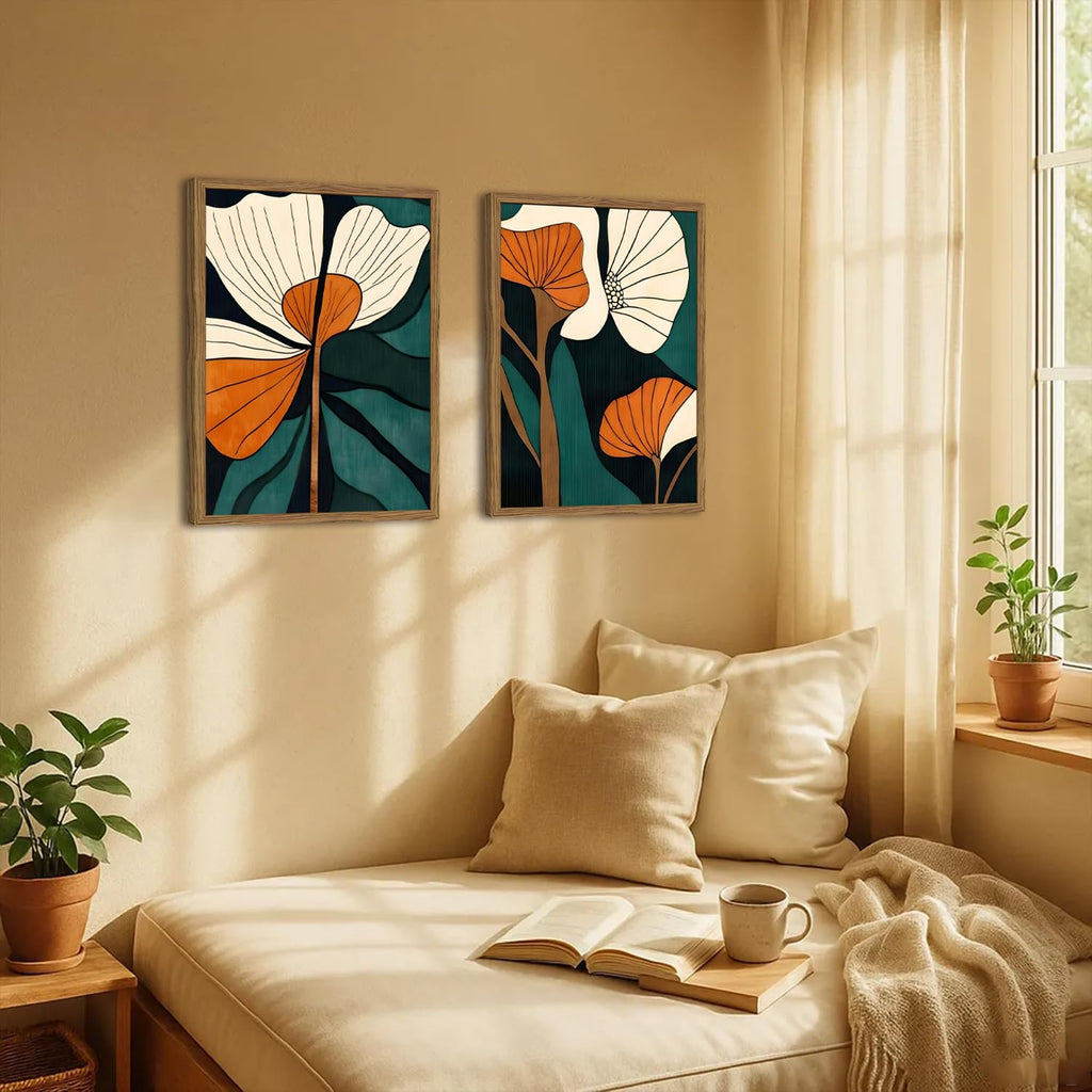 Mid Century Modern Flower Wall Art Vintage Abstract Botanical Wall Decor Painting Set of 2 Mid Century Boho Dark