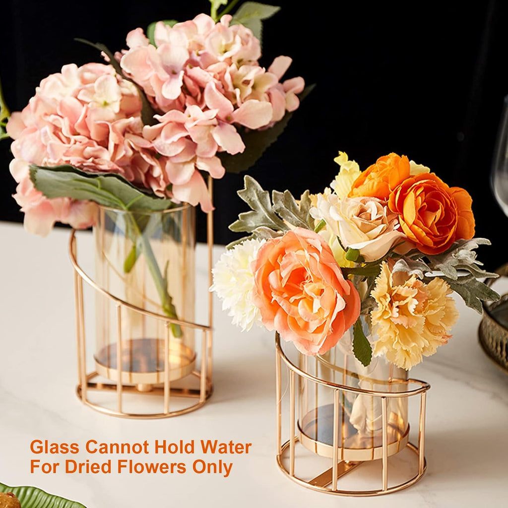 Metal Wire Candle Holder Set of 2, Glass Pillar Candle Holders Gold Decorative Tea Light Candleholders Decor Table