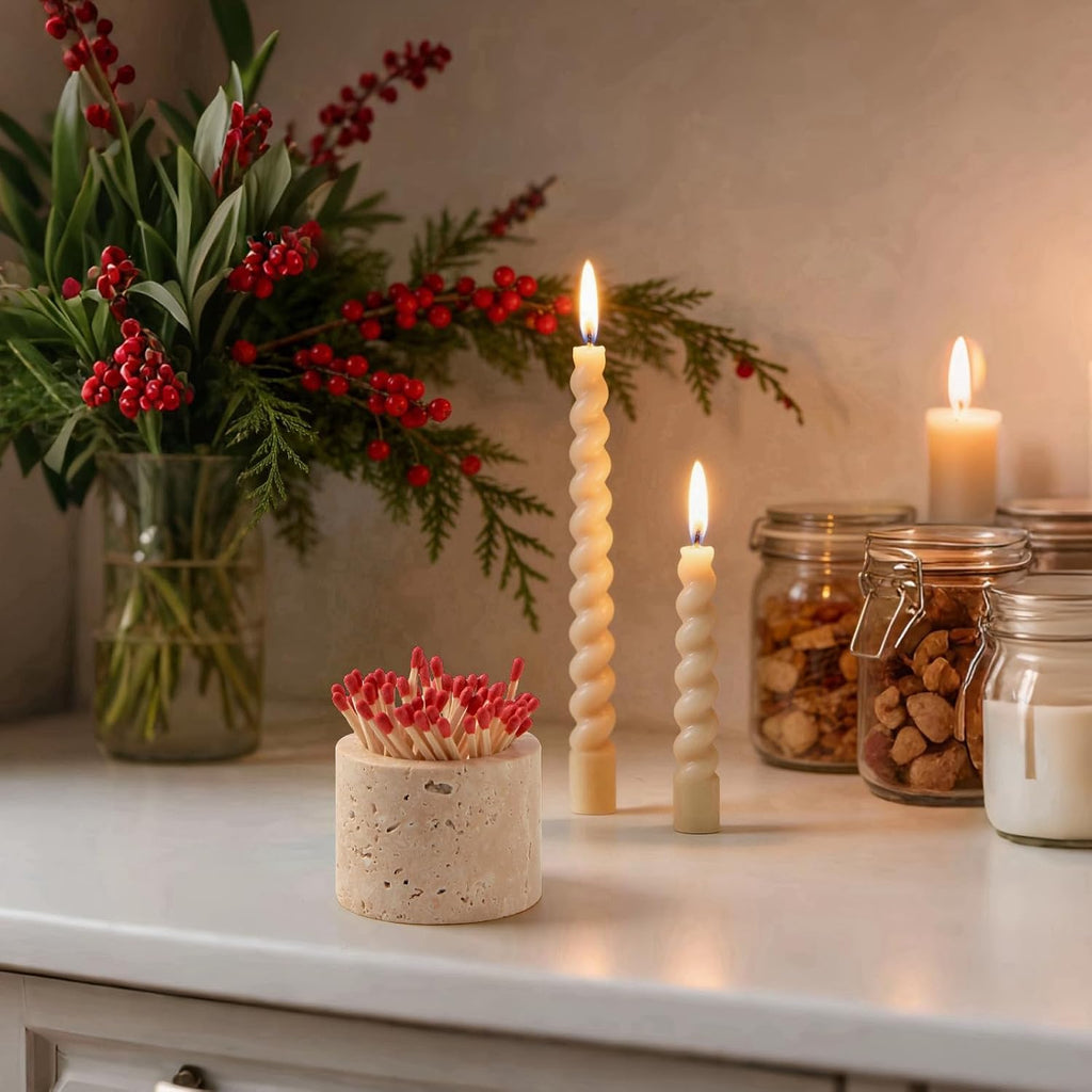 Luxury Natural Travertine Match Holder with Striker, Decorative Matchbox