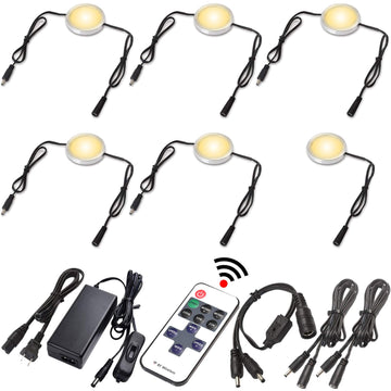 Under Cabinet Puck Lights, Remote, Black, Hardwired, 6 Lights, Warm White