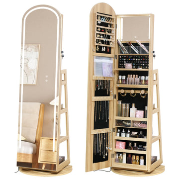 Arched Mirror Jewelry Armoire, LED Swivel Jewelry Storage Cabinet