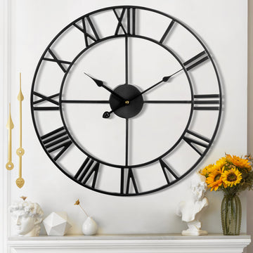 Large Wall Clock - 40cm/ 16 Inches Silent Non-Ticking Metal Wall Clock, Black, Vintage Modern Style, Battery