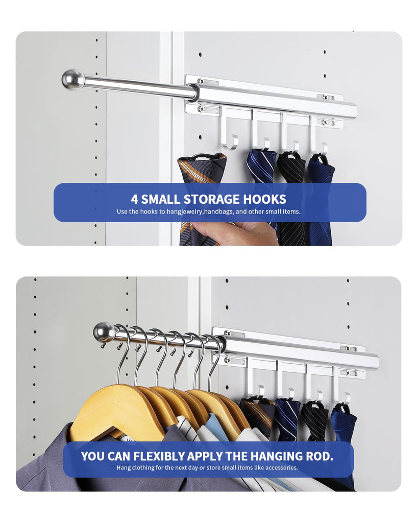 Valet Rod for Closets Pull Out 12" Silver with 4 Hooks (2Pack)