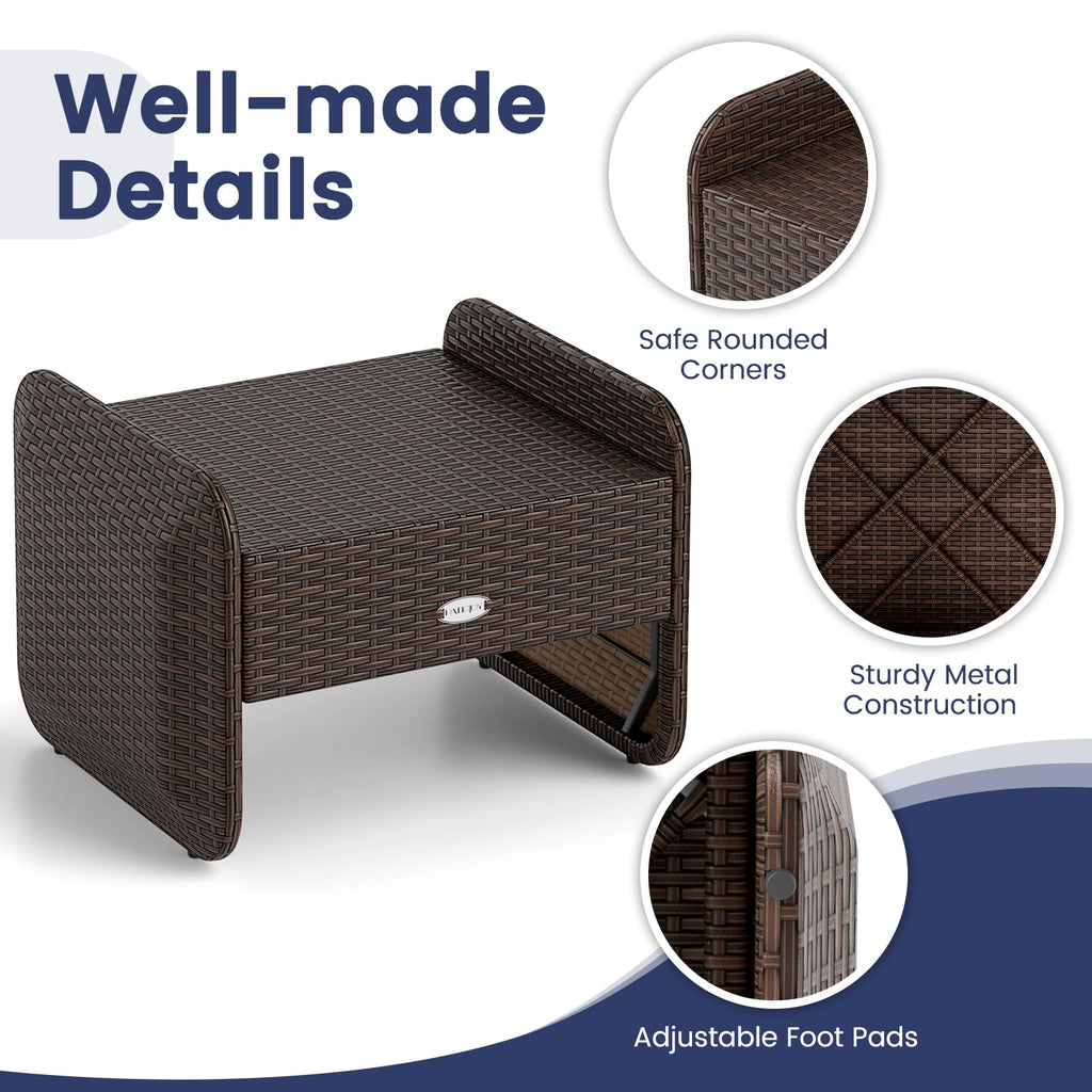 Wicker Outdoor Ottomans - 2-Piece Rattan Footstools w/Removable Cushions, 3-in-1 Multipurpose Footrest, Additional