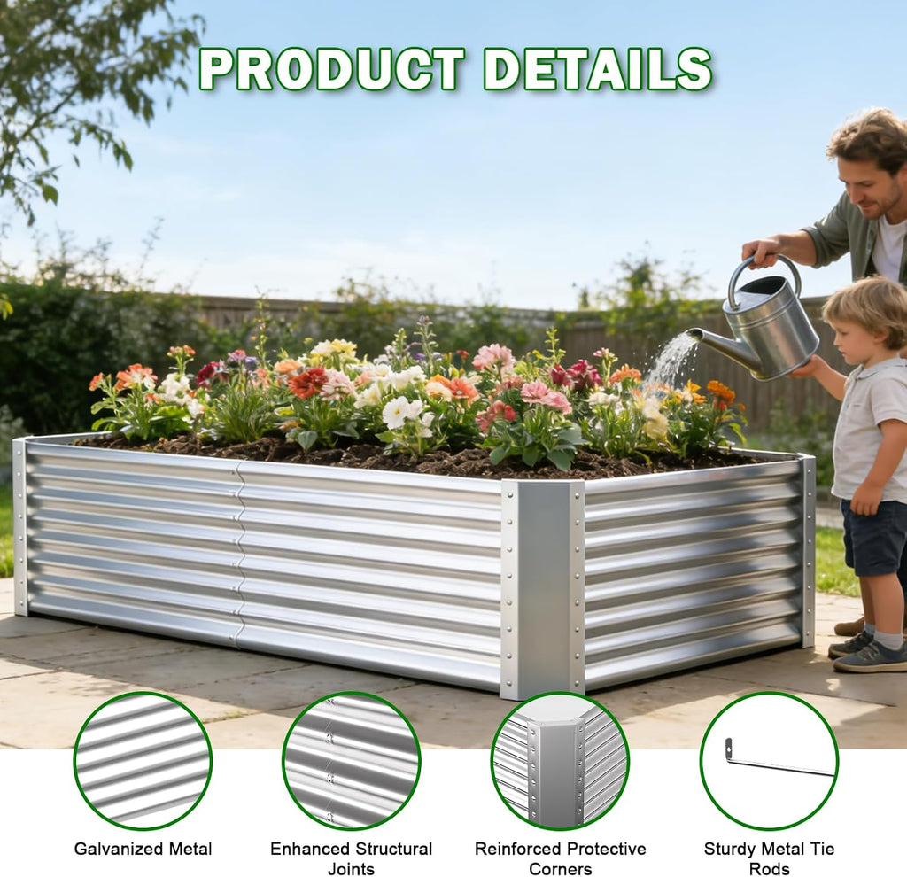 6x3x2ft Raised Garden Bed, Deep Root Planter Box, Silver,1 Pack | 1mm Thick Galvanized Steel, Resists Rust Bowing