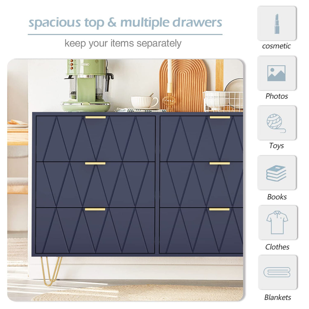 Navy Large Dresser 6 Drawer Dresser, Chest of Drawer with 6 Wide Drawers Wood Storage Cabinet Organizer with Metal