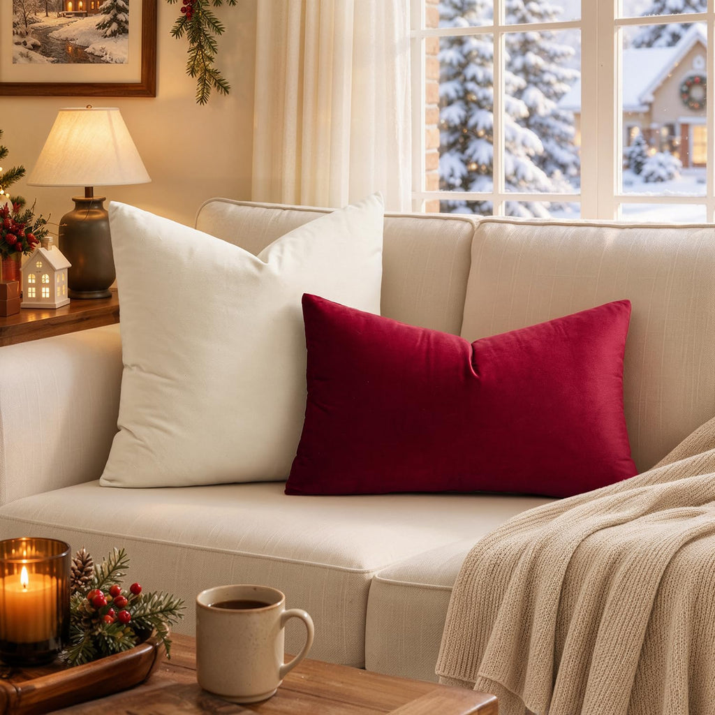12x20 Inch Lumbar Velvet Christmas Throw Pillow Covers Wine Red