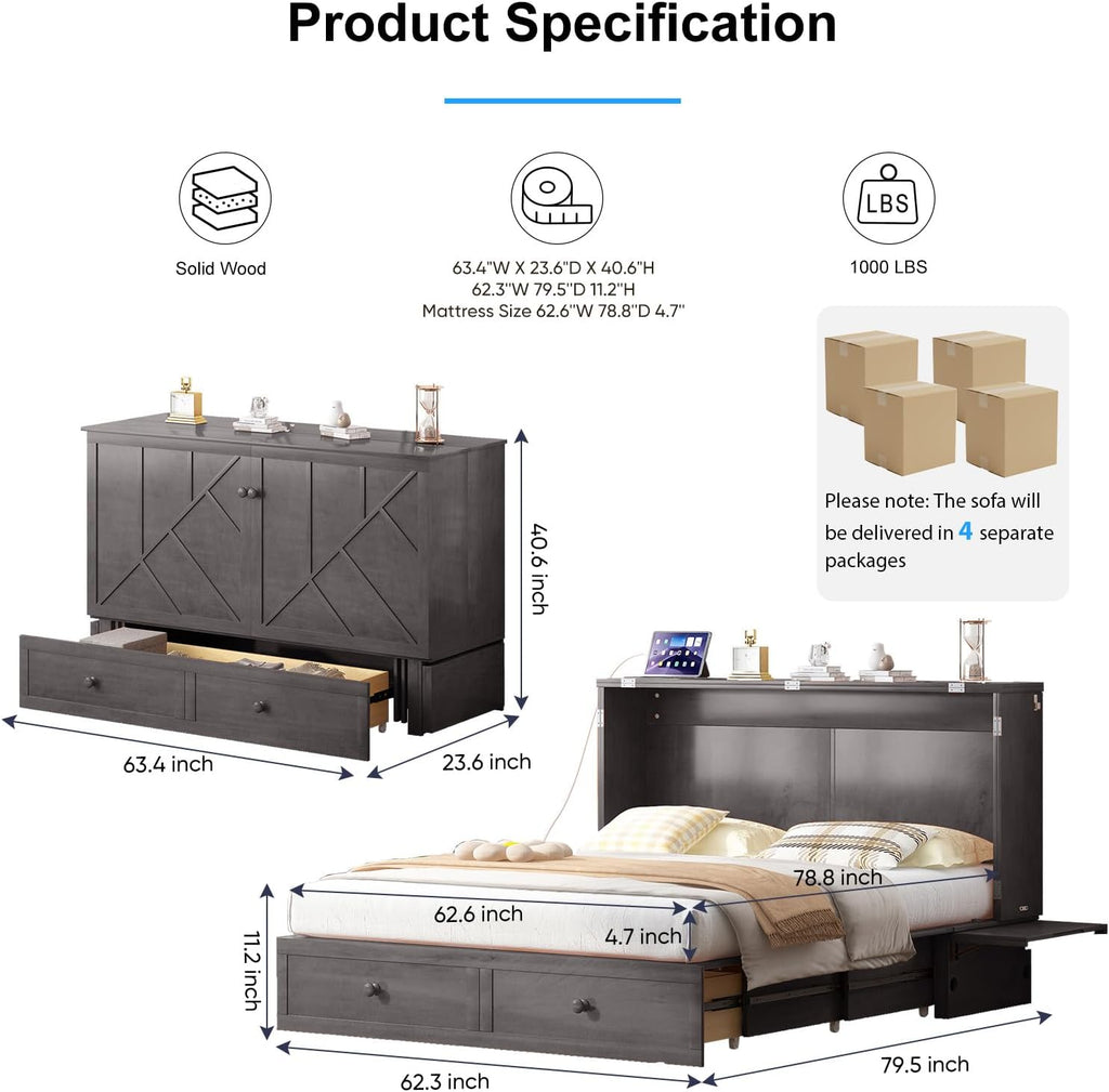 Murphy Bed Queen with Mattress Included, Hideaway Wallbed Cabinet Bed with 2 Storage Drawers, USB Charging Ports &