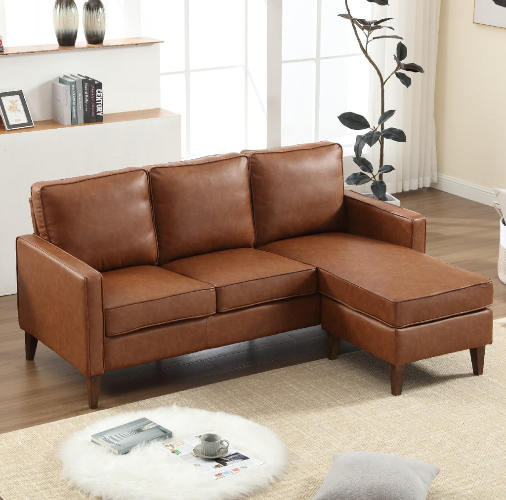 Faux Leather L Shaped Couch with Solid Wood Feet, 3-Seater Sofa with Reversible Chaise, Sectional Couches, Brown